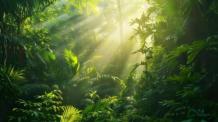 A lush forest with sunlight filtering through the dense foliage - Powered by Adobe