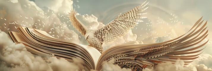 An open book with pages flying away, transforming into the shape of an elegant dove in flight