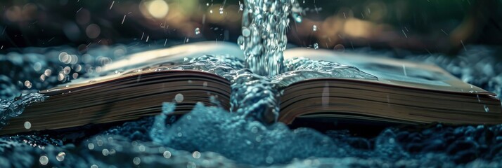 An open book with pages turning, splashing water on the cover