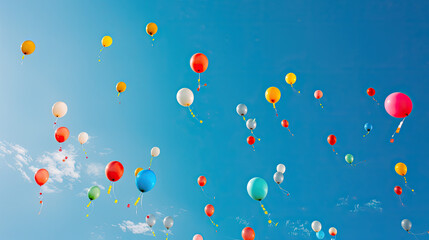 Brightly colored balloons floating in a clear blue sky