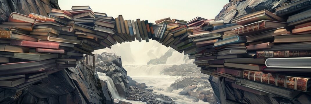 A surreal digital artwork depicting an archway made of stacked books