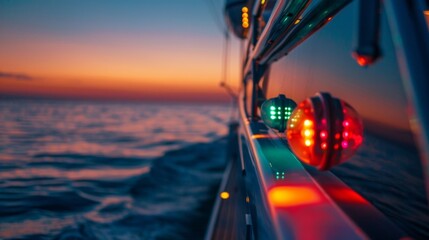 A closeup of the back end of a yacht displaying its stern with its carefully p navigation lights. The lights both red and green can be seen against the slight ripple of the - obrazy, fototapety, plakaty