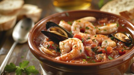An aromatic bowl of hearty cioppino filled with a variety of tender seafood such as shrimp clams and mussels simmered in a flavorful broth with tomatoes herbs and es. Served