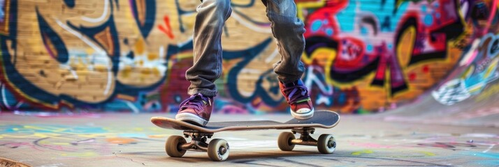 A skateboarder performing an ollie in front of graffiti-covered walls, with the focus on their feet and skateboard