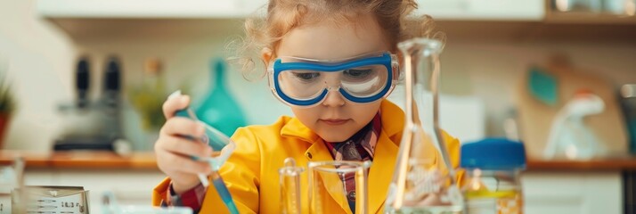  A young girl wearing safety goggles and a yellow lab coat is conducting experiments in her kitchen