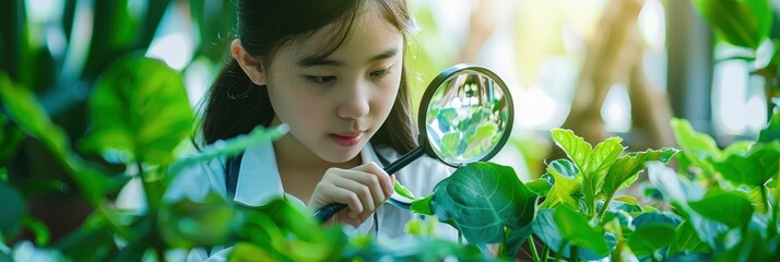 A young Asian female scientist is using an eyepiece to study green plants in the laboratory, holding a magnifying glass and wearing white - obrazy, fototapety, plakaty