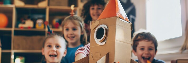 Children playing with a cardboard rocket in kindergarten, focusing on the kids' faces and a wooden...