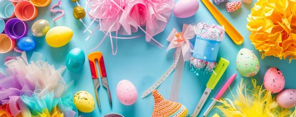 Fotobehang From Ribbons to Feathers: An Assortment of Supplies for an Easter Bonnet Decorating Session © aicandy