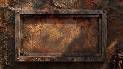 Textured Rusty Distressed Rectangular Riveted Metal Frame Mock-Up Isolated on a Grunge Wall - obrazy, fototapety, plakaty