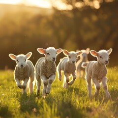 The Essence of Spring: Playful Lambs Celebrating Easter in a Serene Pastoral Field