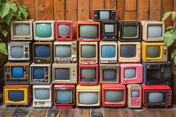 A wall of colorful vintage television sets against a wooden backdrop.