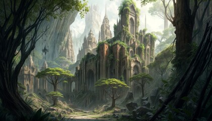 Fantasy landscape with ancient temple in the jungle. - obrazy, fototapety, plakaty