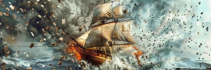Obraz premium A pirate ship sails on the ocean, surrounded by flying fish and birds in dramatic lighting