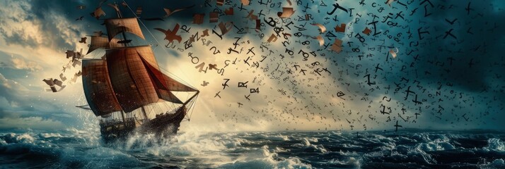 A pirate ship sails on the ocean, surrounded by flying fish and birds in dramatic lighting