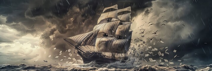 A large sailing ship is braving the storm, the sky and sea were dark gray. The wind was blowing away all of their sails - obrazy, fototapety, plakaty