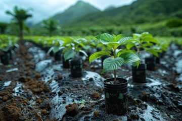 Newly planted seedlings in a mountain reforestation area. - obrazy, fototapety, plakaty