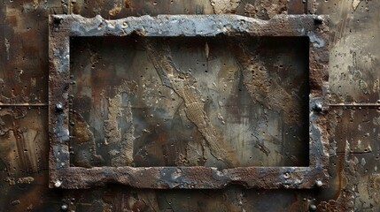 Textured Rusty Distressed Rectangular Riveted Metal Frame Mock-Up Isolated on a Grunge Wall