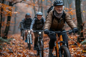 Senior cyclists enjoying a ride through autumn woods.