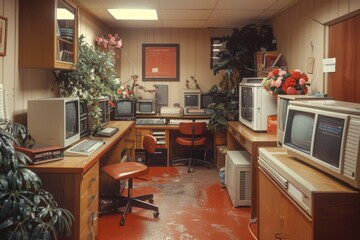 An old 90s computer lab with rows of bulky monitors and desktops.