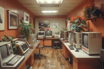 An old 90s computer lab with rows of bulky monitors and desktops.