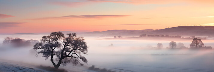Fototapeta na wymiar Ethereal Dawn: A Cruising Journey through a Misty Countryside Landscape