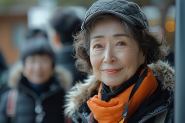 A mature woman with an elegant smile, wearing a fur-trimmed hood and orange vest.