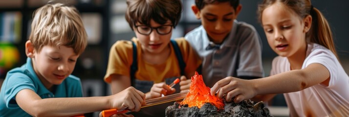 A group of children building and playing with an erupting volcano in their classroom - obrazy, fototapety, plakaty