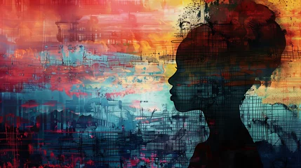 Fotobehang A captivating painting of a black womans head against a colorful background, showcasing a blend of vibrant hues and intricate details,  juneteenth background a day of freedom © Fokke Baarssen