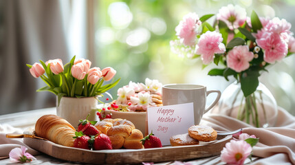A tray filled with a delectable assortment of pastries sits alongside a colorful arrangement of fresh flowers on a rustic table,Mother`s Day concept, breakfast in bed - Powered by Adobe