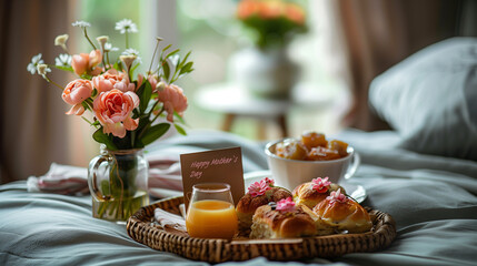 Obraz na płótnie Canvas A luxurious tray of food sits on a bed next to a beautiful vase of flowers, creating a stunning visual and sensory experience, Mother`s Day concept, breakfast in bed