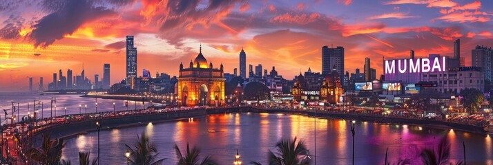 A panoramic view of the city skyline at sunset, with iconic landmarks like Mumbai's arc de triomphe and Kilyard beach visible in the background - obrazy, fototapety, plakaty