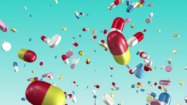 Pills and capsules falling loop on blue sky background. Medicine, medical, pharmaceuticals.