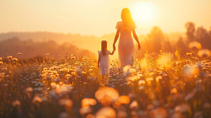 A woman and a child walk peacefully through a vast field, surrounded by wildflowers and bathed in the warm glow of the setting sun,Mother and daughter, Mother`s Day concept