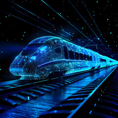 A blue digital High Speed bullet train