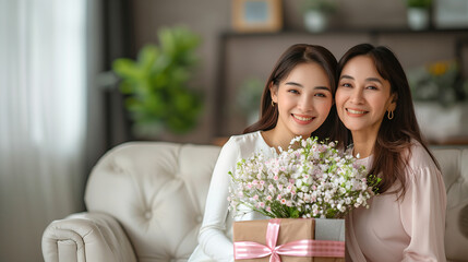 Two elegant women are seated on a plush couch, sharing a moment of joy as they hold a vibrant bouquet of flowers together, Mother and daughter, Mother`s Day concept