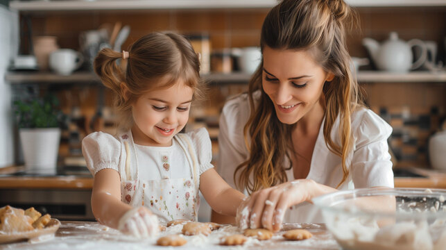A woman and a little girl, armed with flour and mixing bowls, work together to make cookies in a warm, cozy kitchen, Mother and daughter, Mother`s Day concept