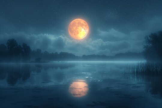 The blue sky at the full moon over the shadows of the trees by the river. calm nature background