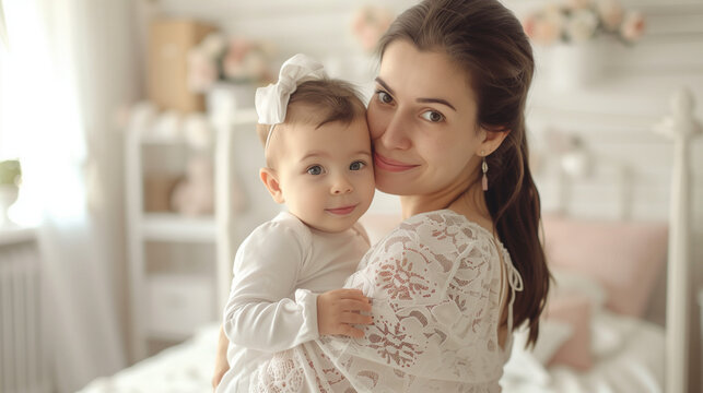 A radiant woman cradles a sleeping baby in her arms, showcasing the unbreakable connection between mother and child,Mother and daughter, Mother`s Day concept