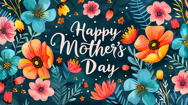 A handcrafted Mothers Day card adorned with vibrant flowers and delicate leaves, exuding warmth and love, Mother`s Day Background Illustration