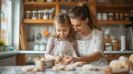 A mother and her daughter are joyfully baking cookies in a cozy kitchen, surrounded by flour, sugar, and mixing bowls,Mother and daughter, Mother`s Day concept