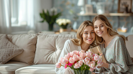Two women are seated on a plush couch, surrounded by a vibrant bouquet of flowers. They are engaged in conversation, Mother and daughter, Mother`s Day concept