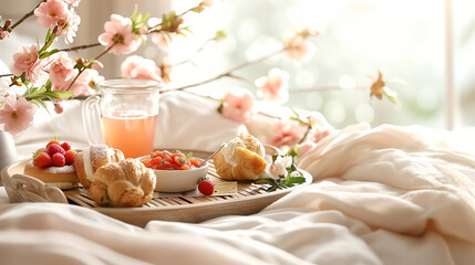 A beautifully arranged tray of food resting delicately on a neatly made bed, creating a unique and whimsical dining experience, Breakfast in bed Mother`s Day concept - obrazy, fototapety, plakaty