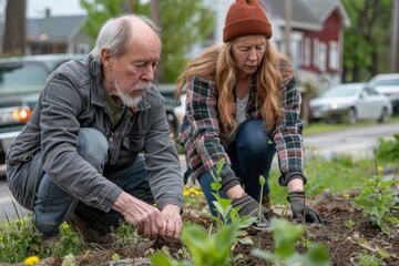 Senior man and woman engaged in gardening, planting seedlings together with focus and care.