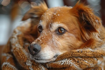 A dog wrapped in a scarf, snowflakes on its fur, portrays winter warmth.