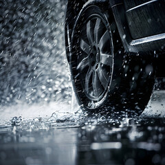 A car tire in heavy rain hydroplaning - obrazy, fototapety, plakaty