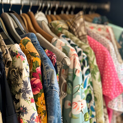 Women's Summer clothing wardrobe in a closet  - obrazy, fototapety, plakaty