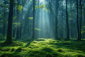 Fototapeta na wymiar Sunlight streams through a dense forest canopy, illuminating the mossy floor.