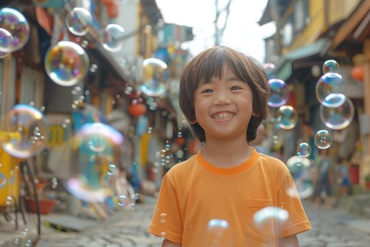A young boy in an orange shirt, smiling amidst soap bubbles on a lively street.