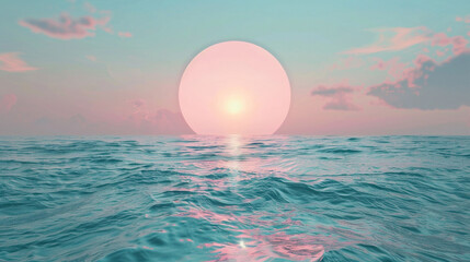 A tranquil turquoise ocean stretching to the horizon within the light pink circle, its azure waters reflecting the golden hues of the setting sun.