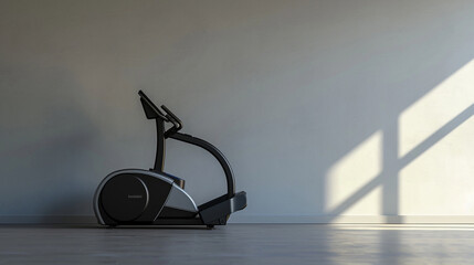 A virtual reality integrated elliptical machine cross trainer placed against a light grey wall, offering users an immersive workout experience. - obrazy, fototapety, plakaty